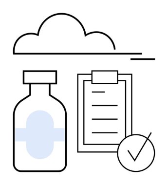 İlaç şişesi, kontrol listesi, bulut ve kontrol işareti dijital sağlık hizmetini, uzaktan izlemeyi, e-reçeteleri, tıbbi verileri, teletıp ve ilaç takibini sembolize ediyor. Soyut satır düzlüğü
