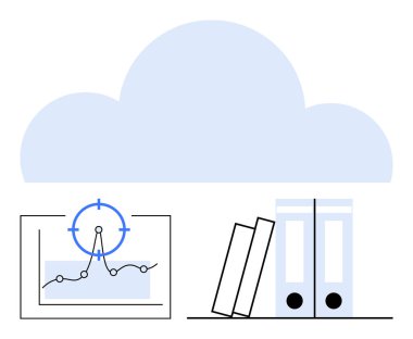 Odak noktası, iki eğik kitap ve dosya klasörleri olan bir çizgi çizelgesinin üzerinde gezinen bulut. Veri depolama, bulut hesaplama, analiz, organizasyon, dijital dönüşüm, soyut öğrenme için ideal