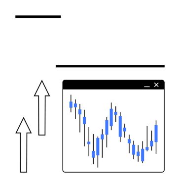 Finansal tablo penceresi mavi şamdan desenli ve yukarı doğru oklarla piyasa büyümesini gösteriyor. Finans, yatırım, ticaret, veri analizi, borsa, tahmini ve ekonomi için idealdir. Çizgi