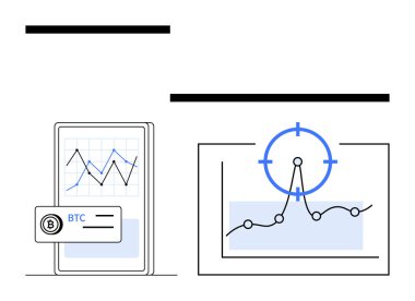 Bitcoin fiyat grafikli akıllı telefon ve piyasa hedefli grafik ekran. Kripto para birimi, ticaret, finansal analitik, fintech, yatırım, blok zinciri, soyut düz metafor için ideal