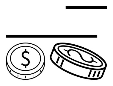 Üzerinde dolar işaretleri olan iki sikke ve yanında da basit yatay çizgiler. Finans, para birimi, tasarruf, bütçe, yatırım, bankacılık, zenginlik büyümesi ve soyut çizgi düz metafor için ideal