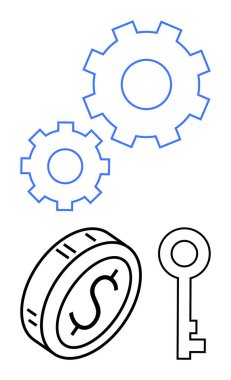 Dolar işaretli sikke, eski tarz anahtar ve birbirine kenetlenmiş vitesler finans, erişim, yenilik ve gelişmeyi simgeliyor. İş, finans, strateji güvenlik ekip çalışması teknolojisi için ideal