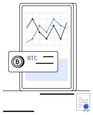 Ekran izleme veri eğilimlerine ilişkin mali grafik, Bitcoin etiketi vurgulandı, sertifika işaretli belge. Kripto para ticareti, fintech, analitik, engelleme zinciri, finans uygulamaları, yatırımlar için ideal