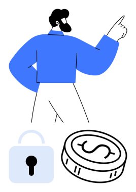 İşadamı, yanında bir asma kilit ve dolar sembollü bir sikke ile yukarıya bakıyor. Finans, güvenlik, yatırım, çevrimiçi bankacılık, iş stratejisi, kripto para birimi ve fintech için ideal. Çizgi