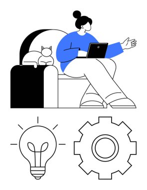 Dizüstü bilgisayarında kedinin yanında birden fazla iş yapan bir kadın. Ampul, fikirleri simgeliyor ve vites gösterme işlemleri. Uzaktan çalışma, beyin fırtınası, üretkenlik, konfor, yenilik, ev ofisi için ideal