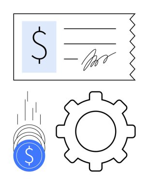 Dolar sembolü, imza, bozuk para yığını ve çark ile kontrol et. Finans, bankacılık, iş operasyonları, ödemeler, işlemler ekonomik büyüme yatırım temaları için idealdir. Satır metaforu