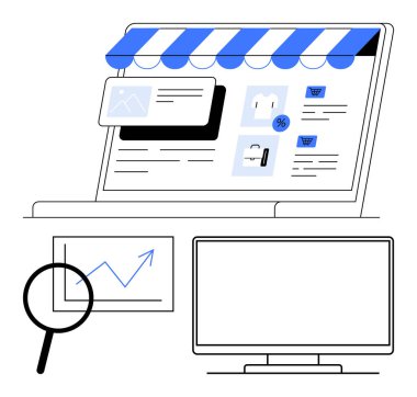 Bir dizüstü bilgisayarda e-ticaret sitesi, alışveriş malzemeleri, grafiğin üzerinde büyüteç ve masaüstü monitörü. İş için ideal, dijital pazarlama, analitik, e-ticaret, SEO web tasarım kullanıcısı