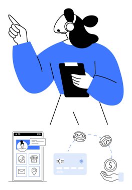 Müşteri hizmetleri temsilcisi elinde bir not panosu olan kulaklık takıyor ve çevrimiçi etkileşimler yoluyla rehberlik ediyor. Görünür öğeler arasında simgeli bir tablet, kredi kartı, döviz kuru yer alıyor. İdeal