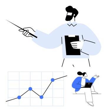 Sunucu yükselen grafiği işaret ediyor, panoyu tutuyor ve meslektaşı dizüstü bilgisayar kullanıyor. Takım çalışması, iş stratejisi, eğitim, analitik, liderlik, sunumlar için idealdir