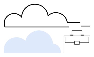 Minimalist bulut çizgileri ve bir iş çantası dijital depolamayı, veri paylaşımını ve teknolojiyi sembolize ediyor. Ağ kurmak için ideal, iş çözümleri, yenilik, modern teknoloji, girişimler, hareketlilik soyut