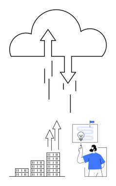 Okları olan bulutlar, büyüyen çizelgeler ve fikirleri paylaşan insanlar. Teknoloji, bulut depolama, veri büyümesi, dijital dönüşüm, yenilik, analitik ve soyut düz metafor için ideal