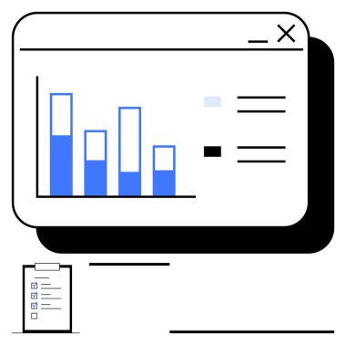 Yanında metin ve kontrol listesi olan bir ekranda çubuk grafiği görüntülendi. Analiz, veri görselleştirme, raporlar, verimlilik, iş akışları, performans ölçümleri, soyut düz metafor için ideal