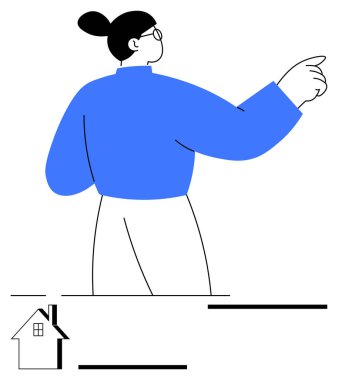 Mavi gömlekli ve gözlüklü kadın özgüvenle işaret ediyor, üsteki ev çizimi. Liderlik, gayrimenkul, navigasyon, hedefler, vizyon, planlama, soyut çizgi düz metafor için ideal