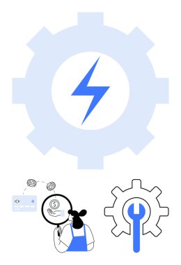 Ortasında yıldırım olan büyük teçhizat. Aşağıda, insan parayı büyüteçle analiz eder. Bitişik anahtar ve vites sembolü. Teknoloji, analiz, verimlilik, finans, mühendislik için ideal