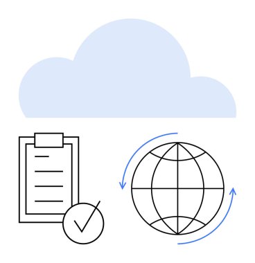 Kontrol listesinin üstündeki mavi bulut işaretli ve dünyanın etrafı oklarla çevrili. Veri depolama, dijital görevler, küresel ağlar, verimlilik, iş akışı, bulut uygulamaları, soyut çizgi düz metaforu için ideal
