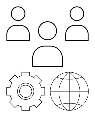Takım çalışmasını, yeniliği ve dünya çapında bağlantıları sembolize eden üç kullanıcı simgesi. İş, teknoloji, küresel takım çalışması, ağ oluşturma, işbirliği, sorun çözme için ideal