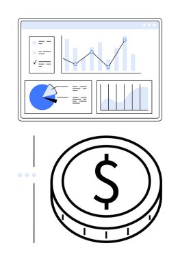 Pasta grafikleri, çubuk grafikleri ve çizgi grafiklerini gösteren gösterge paneli. Büyük para maddi başarıyı temsil ediyor. İş, yatırım, bütçe, ekonomi, veri pazarlama ve finansman için ideal