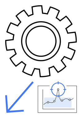 Çizelgeye ve hedef simgeye giden oklu teçhizat, iş akışı gelişimi, verimlilik ve hedef hizalamasını vurguluyor. İş için ideal, veri analizi, ilerleme izleme, takım yönetimi, strateji