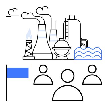 Bacaları, soğutma kuleleri ve işçi ve mavi bayrağın yanında emisyon bulutları olan fabrika yapıları. Endüstri, takım çalışması, şirket liderliği, sürdürülebilir yenilik ve enerji için ideal