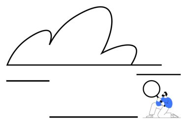 Bir insanın diz çöktüğü, bir bulutu büyüteçle incelediği minimalist bir sahne. Keşif, merak, öğrenme, doğa çalışmaları, araştırma, hayal gücü, soyut çizgi düz metafor için ideal