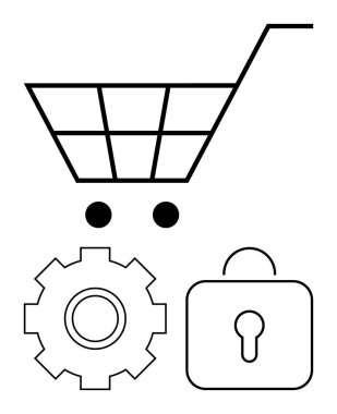 Alışveriş arabası, teçhizat ve kilit simgeleri güvenli online alışveriş, teknoloji ayarları ve veri korumasını sembolize ediyor. E-ticaret, siber güvenlik, yazılım, veri perakende web uygulamaları ve soyut uygulamaları için ideal