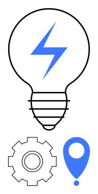 Yıldırımlı ampul, vites tasvir mekanizması ve iğne noktasının doğruluğunu sembolize eden konum iğnesi. Fikirler, yaratıcılık, problem çözme, teknoloji, yenilik, strateji soyut