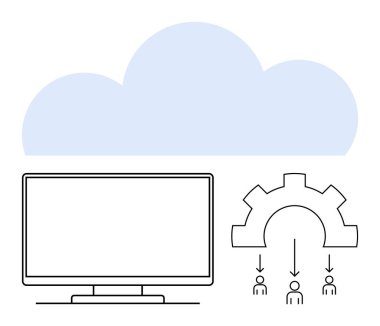 Büyük bir bulut, bir bilgisayar monitörü, bir dişli ikonu ve oklarla birbirine bağlı insanların simgelerini içeren bulut hesaplama kavramı. Teknoloji, iş, takım çalışması, veri yönetimi, çevrimiçi depolama için ideal
