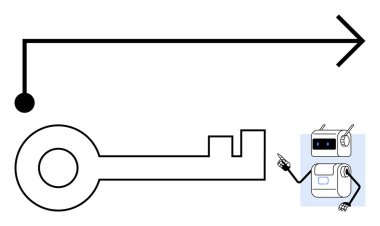 Anahtar ve ok siyah ve beyaz geometrik estetik, arka planda sohbet robotu, ilerleme, çözüm bulma, teknolojik ilerleme, yön, kilit açma potansiyeli, fütürizm, yapay zeka. İdeal