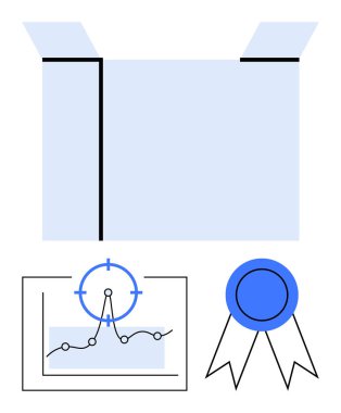 Fikirleri sembolize eden açık kutu, analitik ve ilerleme için odak noktasıyla grafik, başarıyı gösteren kurdele. Yenilik, strateji, veri analizi, başarılar, problem çözme, yaratıcılık için ideal