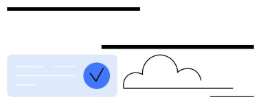 Mavi dairedeki soyut kontrol işareti yatay çizgilerle biçimlendirilmiş bulutun yanında. Üretkenlik, onay, teknoloji, görev yönetimi, bulut hizmetleri, verimlilik, minimalist tasarımlar için ideal. Çizgi