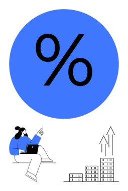 Mavi çemberdeki yüzde işareti, dizüstü bilgisayarda çalışan ve yukarı bakan kadın, ekonomik büyümeyi sembolize eden okları olan bar tablosu. Finans, iş analizi, yatırım eğilimleri ve piyasa için ideal