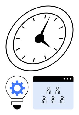 Analog saat, ampulün içindeki mavi dişli ve kullanıcı simgeleriyle tarayıcı penceresi üretkenlik, yaratıcılık, işbirliği, yenilik, zaman yönetimi, hedef belirleme ve verimlilik temalarını birleştirir