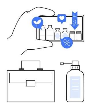 Çevre etiketli ürünleri, satış etiketlerini ve başparmaklarını gösteren akıllı telefonlu bir el. Evrak çantası ve dezenfektan şişesi de dahil. E-ticaret, sürdürülebilirlik, sosyal medya, dijital pazarlama, iş için ideal