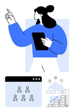 Profesyonel, takım çalışması elementleri, bulut veri transferi ve işbirlikçi dijital gösterge paneline işaret eden bir tablet tutuyor. Teknoloji, iş büyümesi, uzaktan çalışma, takım çalışması için ideal