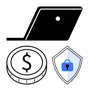 Laptop, bozuk para ve kilidi olan bir kalkan. Dijital güvenlik, e-ticaret, çevrimiçi bankacılık, fintech, ödeme kapıları, siber güvenlik eğitimi soyut metaforu için ideal