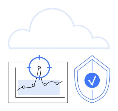 Veri grafiğinin üstünde hedef simgesi olan bir bulut, korumayı simgeleyen işaretli bir kalkan. Bulut güvenliği, veri analizi, siber güvenlik, büyüme takibi, bilişim koruması, veri güvenliği, soyut