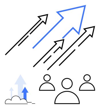 Yukarı bakan oklar ilerlemeyi, başarıyı ve büyümeyi simgeler. Soyut bulut ve insan simgelerini içerir. Takım çalışması, liderlik, strateji, yenilik, kariyer büyüme hedefleri için ideal soyut çizgi