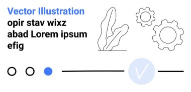 Soyut bitki ve dişli anahatları, kontrol işaretleri ve dairesel simgelerin yanında yer tutucu metin içeren metin bloğu. Web tasarımı, teknoloji, arayüz, yenilik, üretkenlik, yaratıcılık minimalizmi için ideal