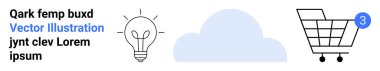 Uyarı ikonlu alışveriş arabası, ışınlı ampul ve açık mavi bulut. E-ticaret, fikirler, yenilik, teknoloji, bulut hizmetleri, online alışveriş için ideal. İniş sayfası