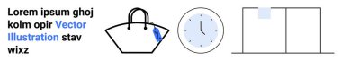 Mavi etiketli el çantası, basit tasarımlı analog saat ve dikey pencere panelleri. Moda, zaman yönetimi, minimalizm, alışveriş, perakende, ev dekorasyonu düz iniş sayfası afişi için ideal