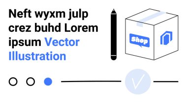 Kalem, karton kutu, Lorem ipsum Vector Illustration dahil metin blokları, daireler, işaret, satır. E-ticaret, çevrimiçi alışveriş, dijital pazarlama markalaşması için ideal