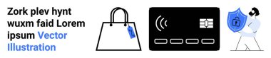 Minimalist alışveriş çantası, NFC ödeme kartı, güvenli kalkan ikonu ve insan. E-ticaret için ideal, dijital cüzdan, siber güvenlik, güvenli işlemler, fintech perakende uygulamaları düz iniş sayfası afişi
