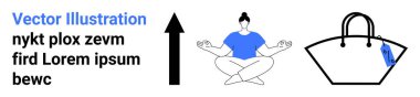 Oturarak meditasyon yapan kişi, yukarı doğru ok büyümeyi sembolize ediyor, modern el çantası. Kişisel bakım, refah, ilerleme, farkındalık, moda motivasyonu için idealdir. Düz iniş sayfası pankartı