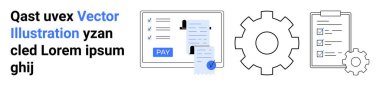 Ödeme tuşu, belge, dişli sembolü ve kontrol listesi diyagramı olan dijital fatura. Fintech, otomasyon, iş akışı, işlemler, görev yönetimi finansal araçları için ideal soyut çizgi düz metaforu