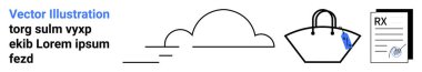 Bulut, kalem ve reçeteli belge içeren minimalist alışveriş torbası. Sağlık hizmetleri, çevrimiçi eczane, e-ticaret, seyahat, dijital hizmetler, sürdürülebilirlik düz iniş sayfası afişi için ideal