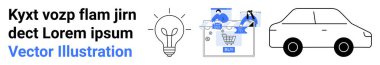 Ampul fikri sembolize ediyor, elektronik ticareti gösteren online alışveriş ekranı, basit bir sedan araba. Beyin fırtınası, e-ticaret, ulaşım, yenilik, alışveriş, teknoloji tartışmaları için ideal
