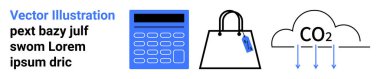Dijital hesap makinesi, etiketli tekrar kullanılabilir alışveriş torbası ve karbon emisyonlarını gösteren CO2 bulutu. Sürdürülebilirlik, alışveriş analizleri, karbon ayak izi, çevre dostu alışkanlıklar, perakende etkisi için ideal