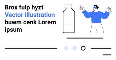 Şişe, mavili adam, metin blokları, satırlar ve daireler. Modern tasarım, web düzeni, ürün sunumu, e-ticaret, markalaşma, kullanıcı arayüzü ve pazarlama için ideal. İniş sayfası