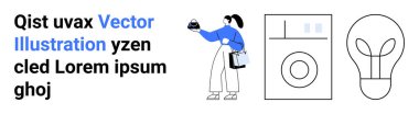 Elinde kahve fincanı ve poşeti olan bir kadın, ev işlerini sembolize eden bir çamaşır makinesi, enerji tasarrufu için ampul. Sürdürülebilirlik, ev yapımı, enerji verimliliği, eko-yaşam, modern yaşam tarzı için ideal