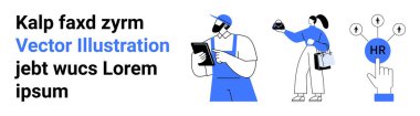 Dosyası olan bir işçi, elinde eşyalar olan bir kadın, büyümeyi gösteren okları olan bir insan kaynakları düğmesi. İK, takım çalışması, liderlik, kariyer, iş gücü ofisi için ideal. Düz iniş sayfası afişi kadar harika